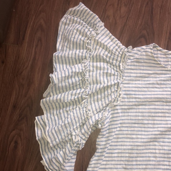 Blue White Stripe 100% Cotton Blouse Ruffle Sleeve - Picture 4 of 8